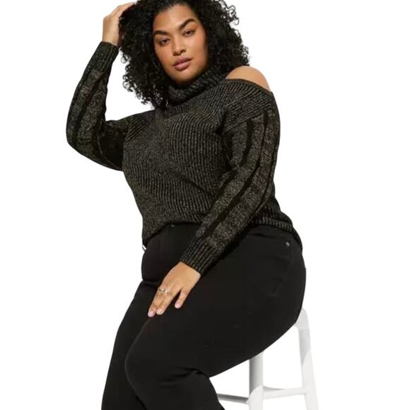 Torrid NWT Lurex Cable Pullover Cold Shoulder Turtle Neck Sweater Size 5X Black - Picture 2 of 13